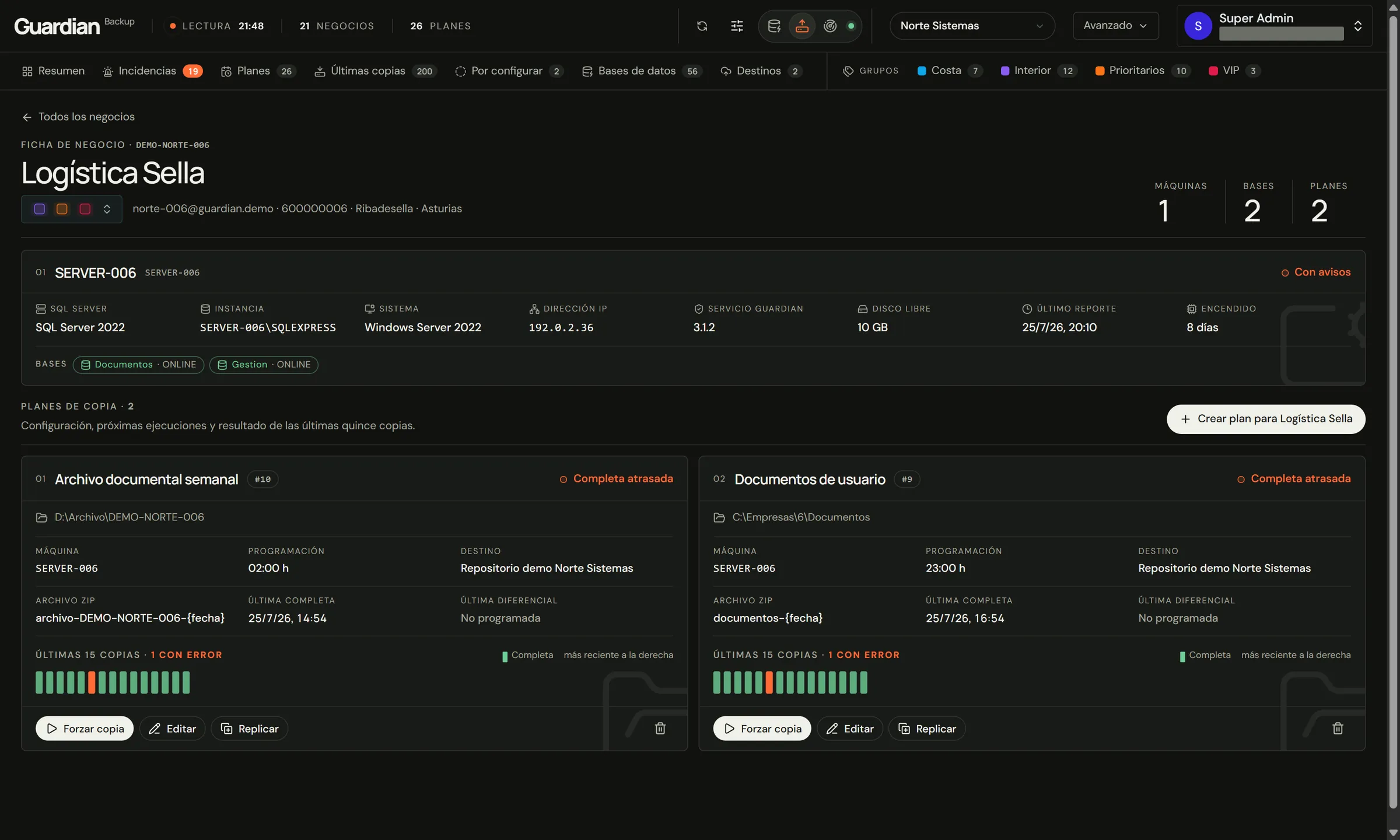 GuardianBackup — ficha de un negocio con sus planes