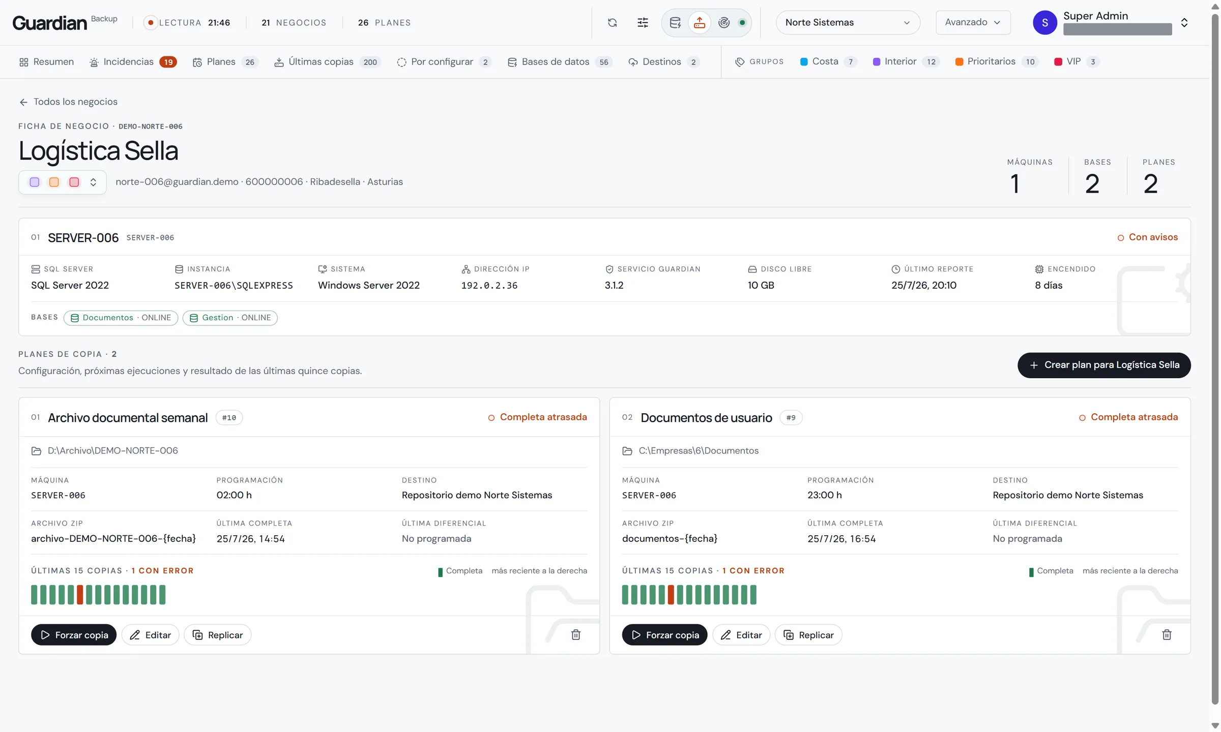 GuardianBackup — ficha de un negocio con sus planes