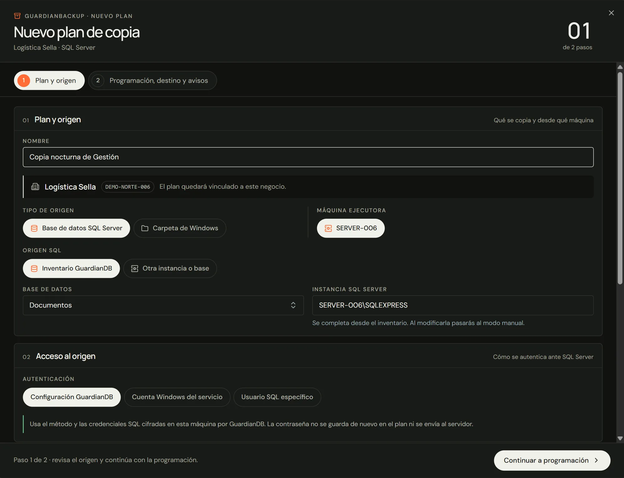 GuardianBackup — nuevo plan de copia, paso 1