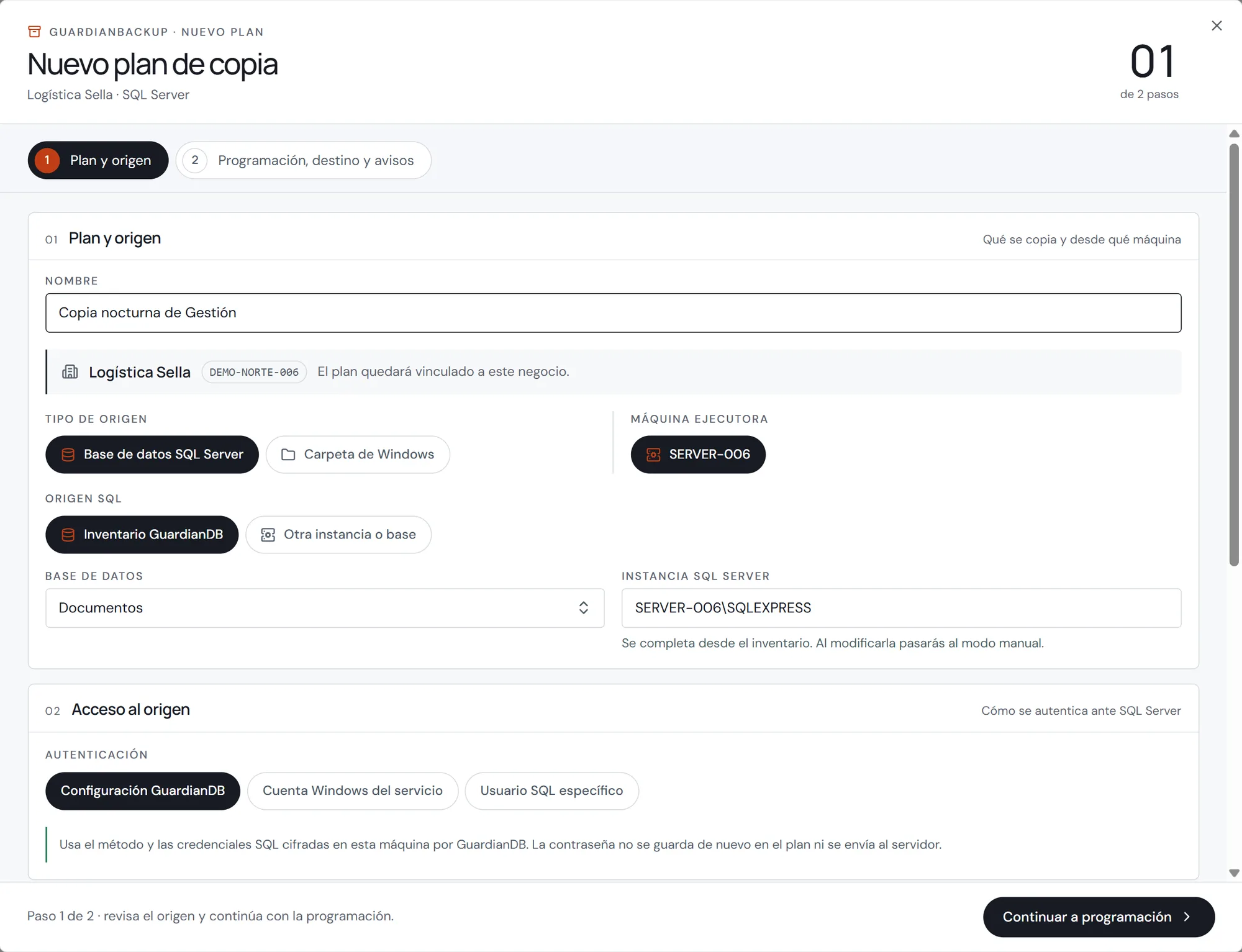 GuardianBackup — nuevo plan de copia, paso 1