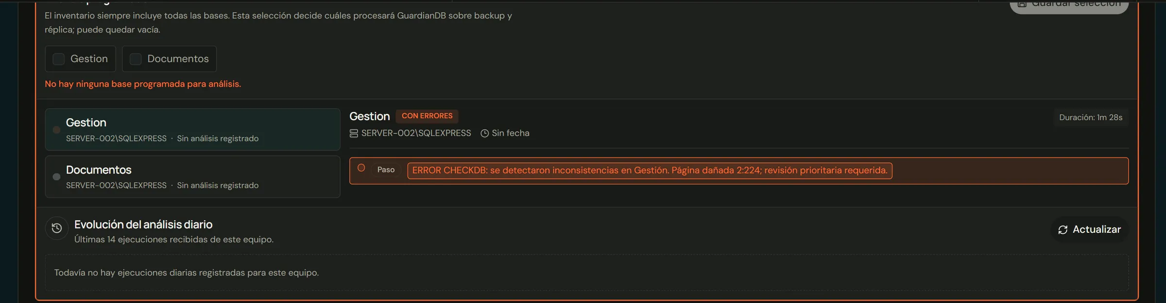 GuardianDB — resultado CHECKDB con errores