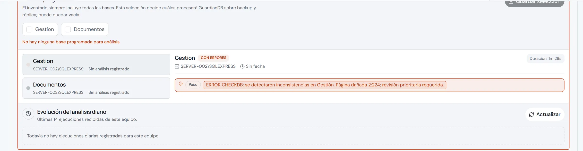 GuardianDB — resultado CHECKDB con errores
