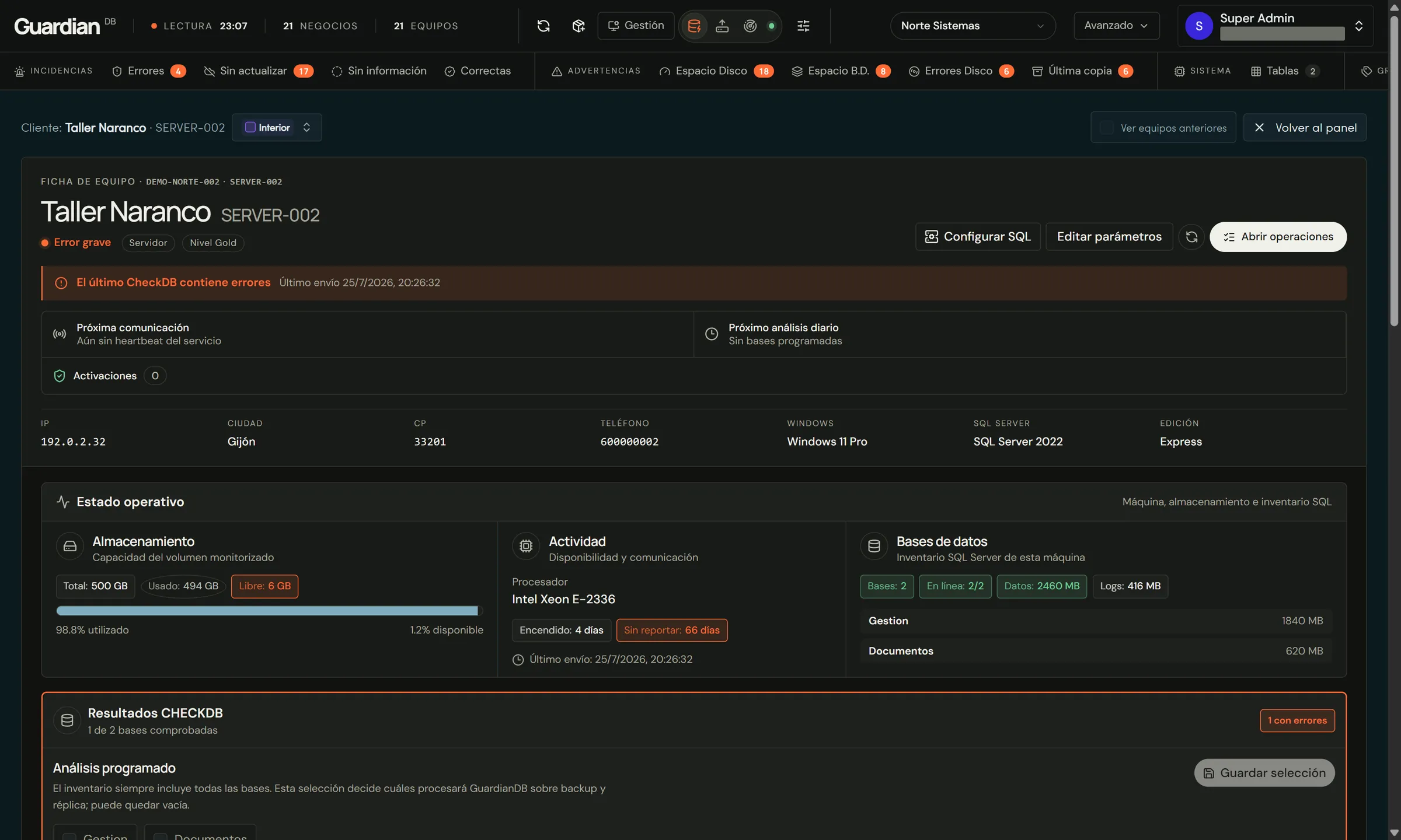 GuardianDB — ficha de un equipo con error grave