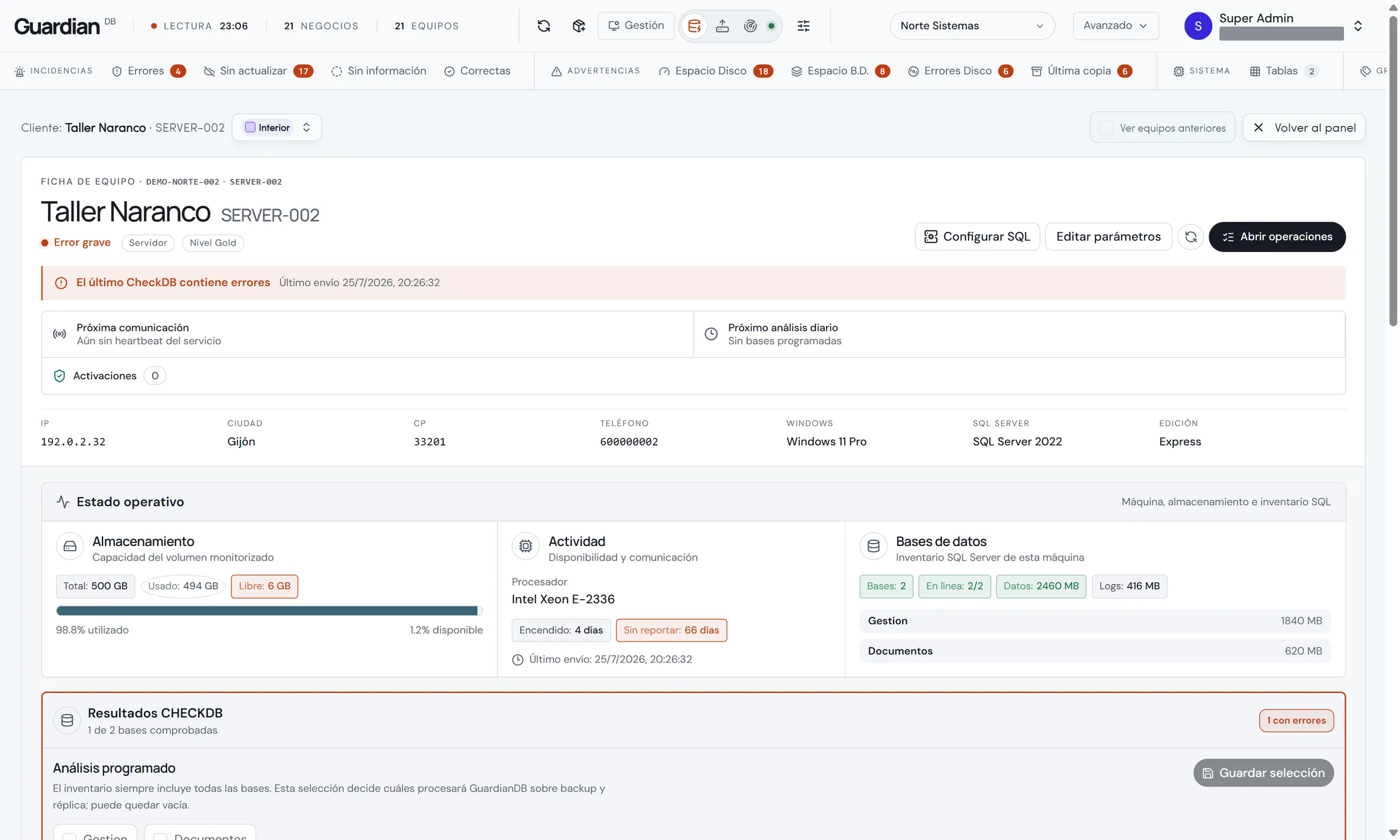 GuardianDB — ficha de un equipo con error grave